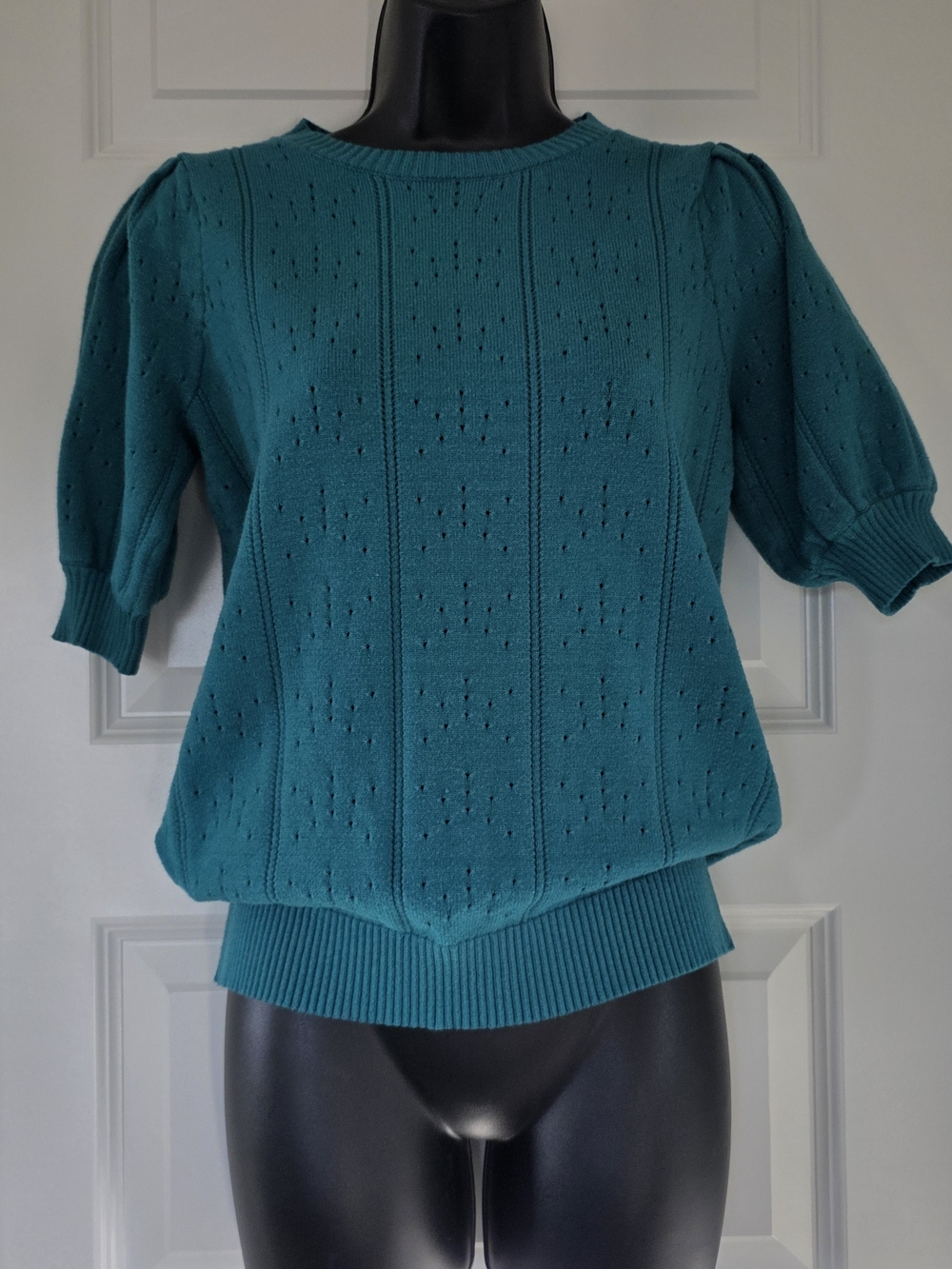 Amazon Teal Pointelle Puff Sleeve Knit Top
